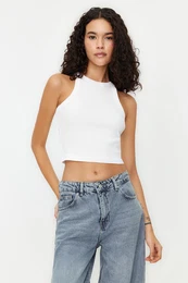 Ecru Crop Fitted/Body-Sitting Barbell Collar Cotton Flexible Knitted Tank Top