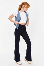 Navy Blue Ribbed Flare/Spanish Leg High Waist Stretchy Knitted Leggings Trousers