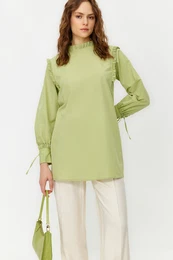 Green Ruffled Shoulder and Cuff Woven Cotton Tunic