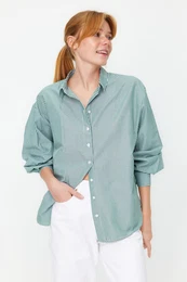 Green Basic Striped Oversize Wide Fit Woven Shirt