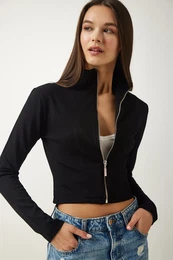 Happiness stanbul Women's Black Zipper High Neck Knitted Blouse