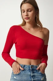 Happiness stanbul Women's Red Single Sleeve Ribbed Crop Knitted Blouse