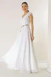 By Sayg Flounced Collar, Belted Waist, Lined Long Chiffon Dress