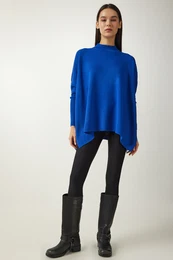 Happiness stanbul Women's Blue High Neck Slit Knitwear Poncho Sweater