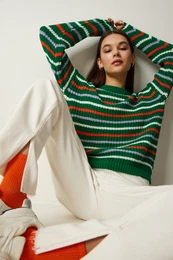 Happiness stanbul Women's Green Striped Knitwear Sweater