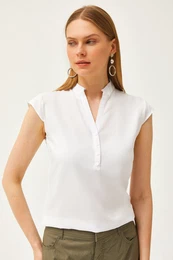 Women's Ecru V-Neck 4 Buttons Viscose Blouse