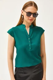 Women's Emerald Green V-Neck 4 Button Viscose Blouse