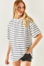 Women's White Striped 2 Thread Oversize Unisex T-Shirt