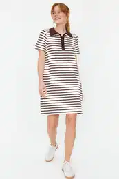 Brown and White Striped Polo Neck A-Line/A-Line Form Knitted Dress