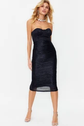 Navy Blue Coated, Fitted, Lined, Shiny Knitted Dress