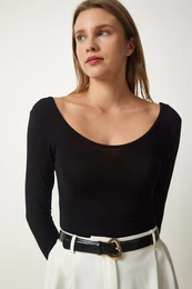 Happiness stanbul Women's Black Wide U Neck Viscose Knitted Blouse
