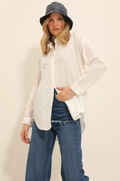 Trend Alaat Stili Women's White Motif Oversize Linen Shirt