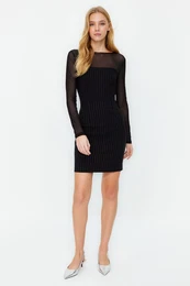 Black Striped, Fitted, Tulle Collared Woven Mini Dress