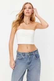 Ecru Fitted Strapless Neck Crop Stretchy Knitted Blouse