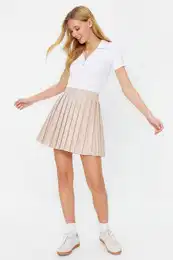 Beige Pleat Detailed Mini Length Woven Skirt