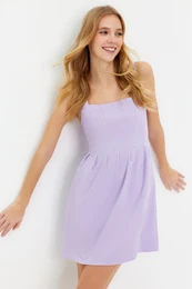 Lilac Waist Opened Square Collar Strappy Flounce Mini Woven Dress