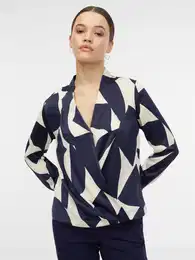 Cream-Blue Women's Patterned Satin Blouse - Women