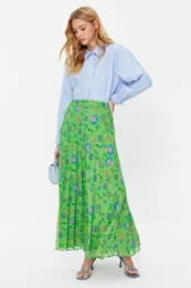 Green Pleated Floral Patterned Lined Chiffon Woven Skirt