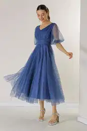 By Sayg Front Back V Neck Short Balloon Sleeve Lined Bud Pattern Silvery Dahya Fabric Dress