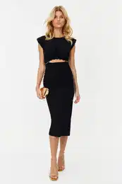 Black Lined Knitted Dress with Stone Accessories