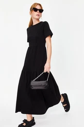 Black Gathered Short Sleeve Knitted Maxi Dress