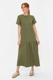 Khaki Gathered Short Sleeve Knitted Maxi Dress