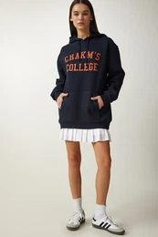 Happiness stanbul Women's Dark Navy Blue Printed Hooded Raising Sweatshirt