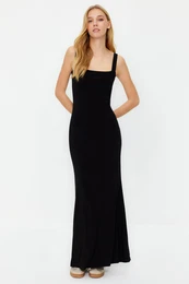 Black Thick Strap Fitted Flexible Knitted Maxi Pencil Dress