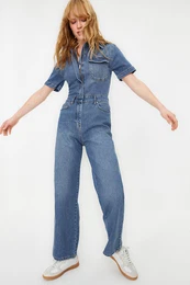 Blue Short Sleeve Denim Jumpsuit