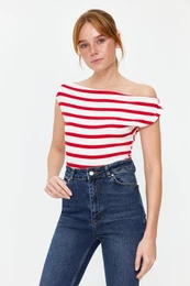Red Striped Boat Neck Fitted Viscose/Soft Fabric Flexible Knit Blouse