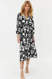 Black Geometric Patterned Three-quarter Sleeve V-Neck Midi Length Knitted Dress