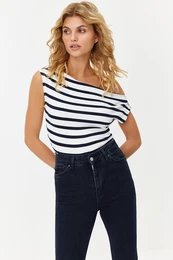 Navy Blue Striped Boat Neck Fitted Flexible Knitted Blouse with Viscous/Soft Fabric