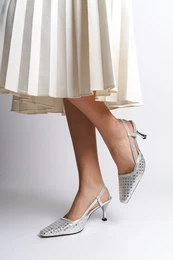 Women's Open Back Chunky Toe Stone Medium Silver Heeled Shoes