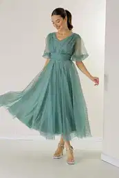 By Sayg Front Back V Neck Short Balloon Sleeve Lined Bud Pattern Silvery Dahya Fabric Dress