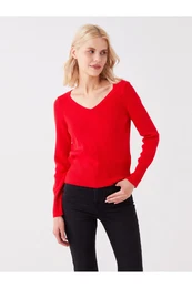 V-Neck Plain Long Sleeve Women's Knitwear Sweater