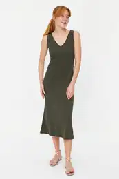 Khaki Shift/Plain Pool Collar Midi Knitwear Look Flexible Knit Dress