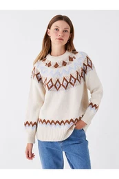 Crew Neck Self-Patterned Long Sleeve Women's Knitwear Sweater