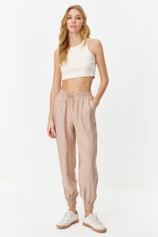 Beige Elastic Waist Jogger Woven Trousers