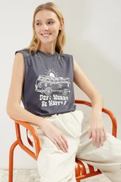 Anthracite 100% Cotton Printed Sleeveless Crop Crew Neck Knitted T-Shirt