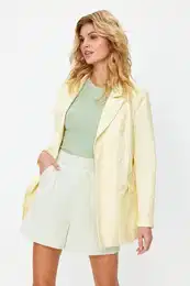 Light Yellow Double Breasted Closure Woven Lined Faux Leather Blazer Jacket
