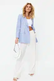 Light Blue Oversize Lined Double Breasted Closure Woven Blazer Jacket