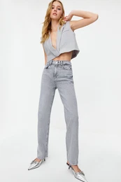 Gray High Waist Long Straight Jeans
