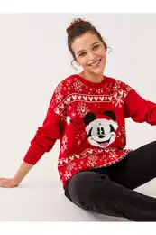 Crew Neck Mickey Mouse Printed Long Sleeve Women's Knitwear Sweater