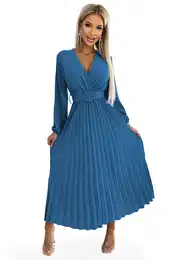 Pleated midi dress with neckline, long sleeves and wide belt