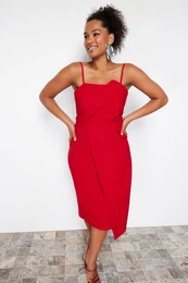 Curve Red Adjustable Straps Bodycon Midi/Mid Length Woven Plus Size Dress