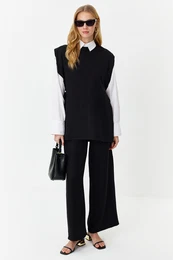 Black Linen Look Side Tie Woven Bottom and Top Set