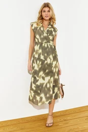 Multicolored Abstract Patterned Double Breasted Midi Woven Dress