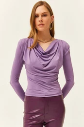 Women's Lilac Waistband Pleated Roll Up Collar Blouse