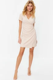 Stone Double Breasted Collar A-Line Crepe Mini Smart Knitted Dress