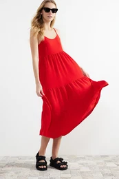 Red Flounce Relaxed Cut Strap Midi Woven Dress